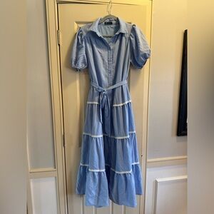 Blue Tiered Maxi Shirt Dress with Tie Waist